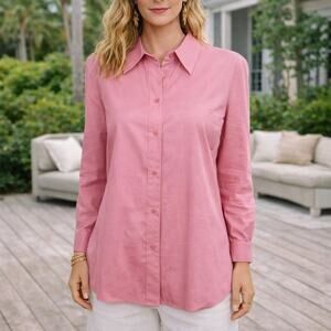 Talbots Rose Pink Cotton Button Front Vintage Top Lg